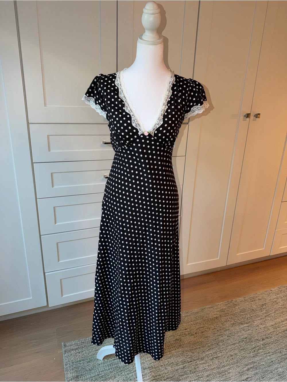 Commense Black Polka Dot Lace-Trim Maxi Dress